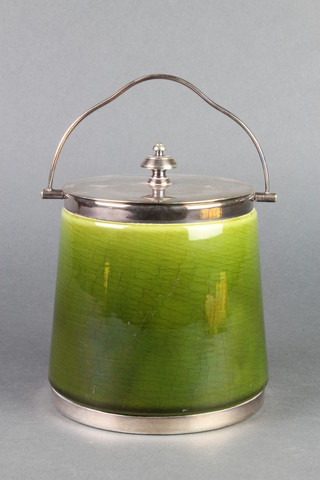 A Sarreguemines green glazed tapered biscuit barrel with silver plated mounts