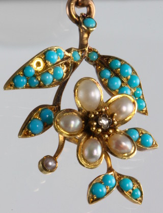 An Edwardian yellow gold, turquoise, seed pearl and diamond articulated pendant 