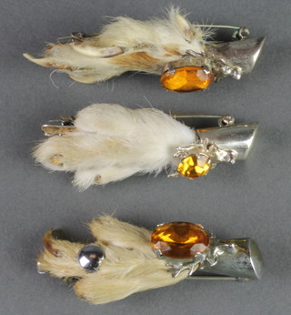 3 hardstone set grouse claw brooches