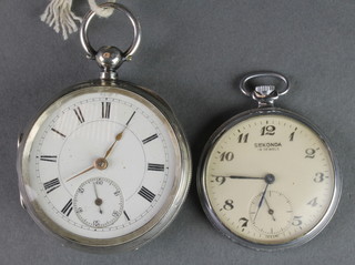 A silver cased pocket watch with seconds at 6 o'clock, a chromium cased Sekonda ditto 