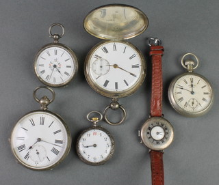 A silver cased gentleman's hunter pocket watch, 1 other pocket watch, 2 fobs and 2 other watches