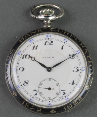 A silver and niello Zenith dress pocket watch inscribed Swiss Bank Corporation 1872 - 1922 with seconds at 6 o'clock, the reverse with a portrait of a lady within wheatsheafs 