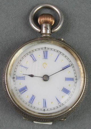 A lady's silver cased fob watch with enamelled dial