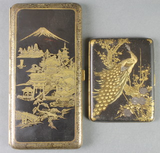 2 Japanese Komai ware cigarette cases, 1 decorated with Mount Fuji the other with a peacock 