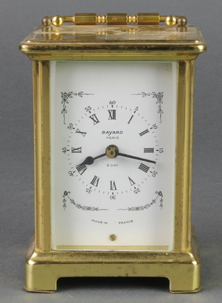 Bayard, a 20th Century French 8 day carriage timepiece with enamelled dial and Roman numerals contained in a gilt metal case 