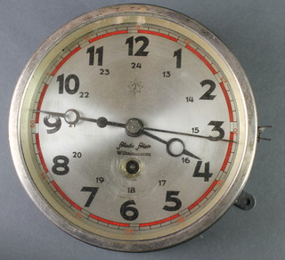 Junghans, a wardroom style clock with silvered dial and Arabic numerals, marked Fredo Frier Wilhelmshaven, contained in a metal case 7" 