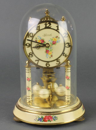 Hermel, a 400 day clock with cream and floral painted dial, gilt metal chapter ring, complete with dome 