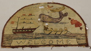 An 18th century style demi-lune wool work rug decorated a whale and a 2 masted sailing ship and tender, marked Welcome 24" x 38", 