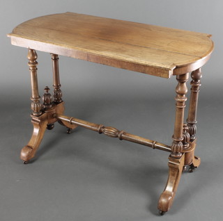 A Victorian rectangular mahogany stretcher table, raised on turned supports with H framed stretcher 28"h x 35"w x 17"d 