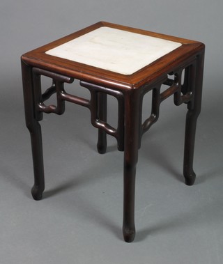 A square Chinese Padouk jardiniere stand with white veined marble top, raised on turned supports 20 1/2"h x 16" 