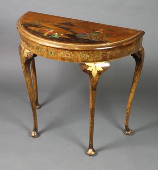 A 1930's chinoiserie style demi-lune hall table, raised on cabriole supports 28"h x 30"w x 15 1/2"d 