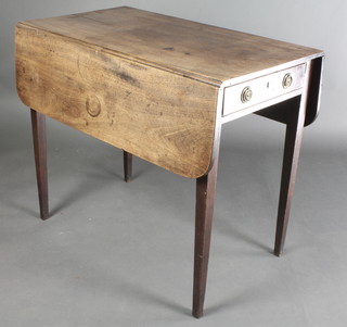 A 19th Century mahogany Pembroke table fitted a drawer, raised on square tapering supports 29"h x 33" x 18" when closed x 38" when fully extending 