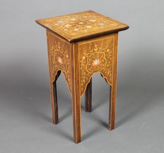 An Edwardian Moorish style square inlaid mahogany occasional table, the top inlaid mother of pearl 20"h x 12"w x 11"d 