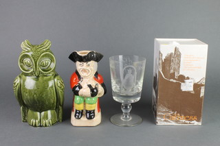 A Caithness cut glass goblet King Edgar no.21/100, boxed, a Toby jug and a green glazed owl money bank 