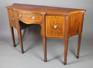 A 19th Century mahogany serpentine fronted sideboard with crossbanded top, fitted 1 long drawer flanked by a pair of cupboards, raised on square tapering supports, spade feet 37"h x 63"w x 22"d 
