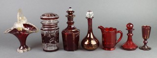 A ruby glass faceted scent bottle 6" and 6 other items of glassware
