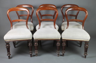 A set of 6 late Victorian mahogany mahogany balloon back dining chairs with shaped mid rails and upholstered seats, raised on turned supports