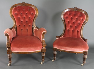 A Victorian carved walnut armchair upholstered in rose pink buttoned draylon and raised on turned and fluted supports together with a matching nursing chair 