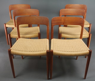 A set of 6 Danish 1960's teak bar back dining chairs by K L Moller with woven rush seats, the base marked Danish Collection 