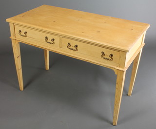 A Victorian rectangular pine side table fitted 2 drawers, raised on square tapering supports with replacement brass swan neck drop handles 29 1/2"h x 42"w  x 20 1/2"d 