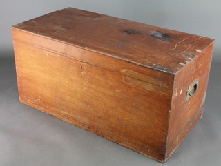 A 19th Century teak trunk with hinged lid and brass swan neck drop handles 20"h x 40"w x 20"d 
