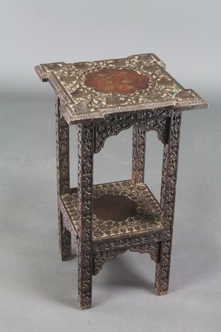 A 19th Century square Indian carved hardwood 2 tier occasional table, the top inlaid brass 21"h x 12" x 12"d 