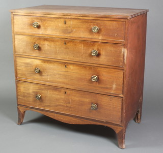 A 19th Century rectangular mahogany chest of 3 long graduated drawers with brass handles, raised on bracket feet 37"h x 37"w x 20"d 