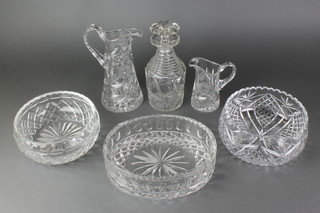 A cut glass ring neck decanter and stopper, 2 jugs and 3 bowls 