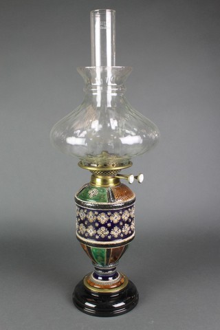 A Royal Doulton baluster oil lamp with clear shade and chimney 24" 