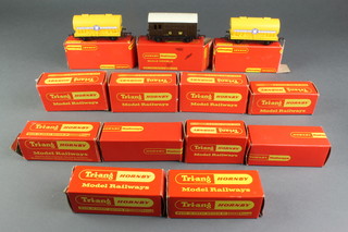 9 items of Triang Hornby rolling stock comprising  R.564 cement wagon, R123A GWR horse box, 780 BR parcel van, R.11 ventilated van, R.10 SR open wagon, R.564 cement wagon - Circle Cement, R.10 SR open wagon, 2 flat bed trucks, together with R666 points remote control set x 2 and R3940 hydraulic buffer stop 