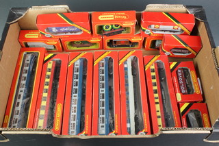 6 various Hornby carriages comprising - a Hornby Railway R.628 BR buffet car, ditto R437 BR coach composite, 4 Hornby Railways Silver Seal Carriages R.921 Intercity Mark 2 coach (x), R.928 BR coach composite, R438 BR coach break third all boxed,  5 items of Hornby rolling stock R.340 Containers, a break van, 2 18 cable drum wagons, an R564 bulk cement wagon and 2 items of Hornby rolling stock R217 BR Mineral wagon and R136 Bolster mineral wagon, 3 items of Hornby Silver Seal rolling stock R.097, a 5 planked wagon Arnold Sands, an R22 Kellogg's closed van, an R20 Shell tank wagon 