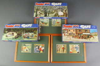 3 Hestair Giles jigsaw puzzles and 6 framed original Rupert Bear cartoon cuttings 8" x 10" contained in 2 frames