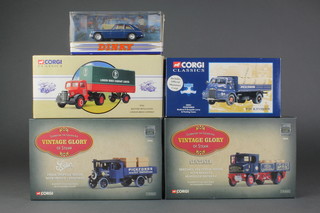 2 Corgi Vintage Glory steam vehicles, a Pickfords Foden steam lorry 80205 and Sentinel steam lorry  80006, a Corgi Classic model 97301 Bedford articulated London Brick Company lorry and 20501 Pickfords Bedford lorry and a Dinky model DY-3 1965 MBGT 