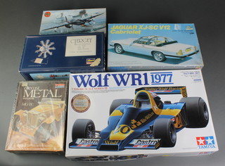 A Tamiya model of a WR1 1977 racing car, a Hasegawa model of a Jaguar XJS.CS and ditto Clerget, an Airfix model of a DH Mosquito and a Monogram die cast model of a MG.TC 