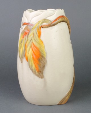 A Clarice Cliff polychrome vase decorated Autumnal leaves 10" 