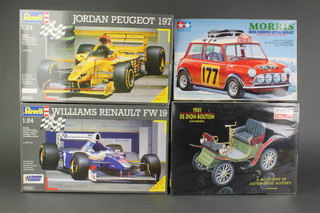 A Revell 07212 model Peugeot racing car, ditto 07211 Williams Renault FW19, a Minicraft 11206 model 1901 De Dion Bouton, a Tamiya model Morris Mini Cooper, all boxed 