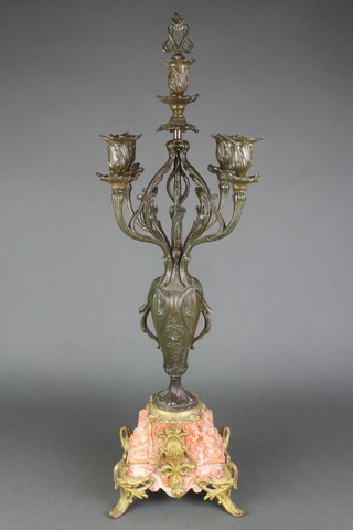 An Art Nouveau spelter 5 light candelabrum, raised on a pink stepped marble base with gilt metal mounts 26"h