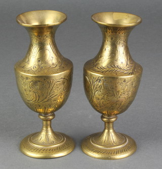 A pair of 19th Century Benares brass club shaped vases 5" 