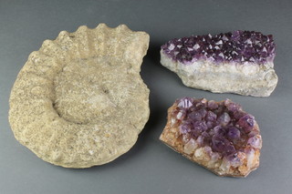 A large ammonite 10" together with 2 sections of amethyst