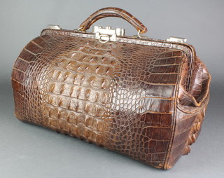 A crocodile Gladstone bag with chrome mounts 9 1/2"h x 18"w x 9"d 