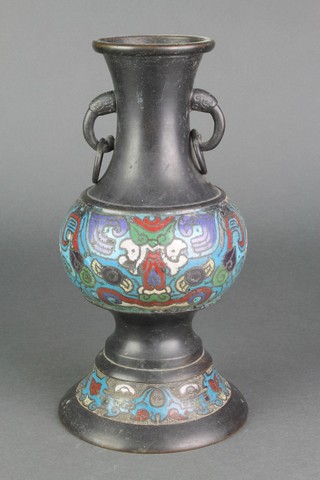 A 19th Century Japanese bronze and enamel club shaped vase with elephant ring drop handles 11" 