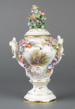 An early 20th Century German porcelain vase with applied flowers and fete gallant views 10" 