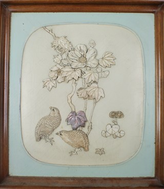 A Meiji period ivory, bone and mother of pearl panel of birds beneath flowers 10" x 9" 