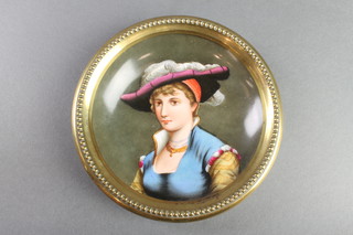 A Continental porcelain dish decorated a portrait of a lady in a brass mount 5 1/2" 