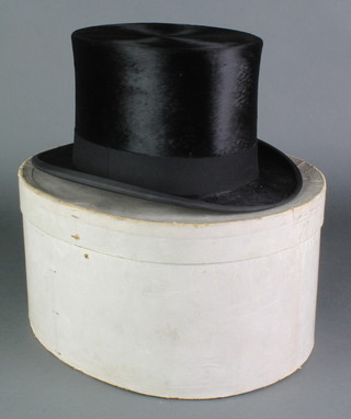 Queen & Co. of London, a gentleman's black silk top hat, approx. size 7, a pair of spats, 3 silk evening scarves and a card hat box 