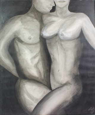 TMS BCN 2002, mixed media, a study of a naked couple, monogrammed and dated 26" x 21 1/2" 