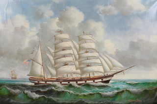 Robinson Jones, oil on canvas, a study of a three masted ship at sea, signed 19 1/2" x 29" 