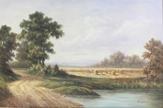 P Wilson, oil on canvas, a study of harvesters in an extensive landscape 23 1/2" x 35 1/2" 