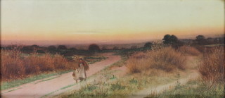George Oyston, watercolour, a study of figures in a sunset landscape, signed 9" x 20" 