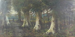 J Williamson, oils on canvas a pair, woodland scenes with figures,   11 1/2" x 23" 